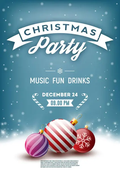 Noel partisi posteri, el ilanı, afiş. Tatil tasarımı için dekoratif toplar. Vektör illüstrasyonu