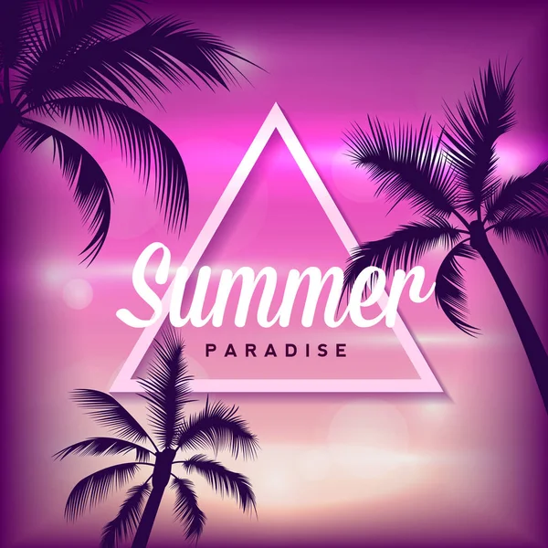 Palmiyeler, gökyüzü ve günbatımı ile yaz tropik arka plan. Retro pankart, poster, broşür davetiyesi.