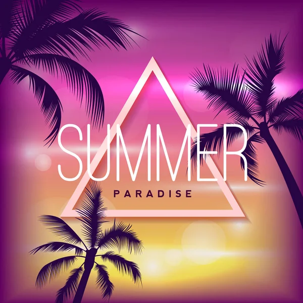 Palmiyeler, gökyüzü ve günbatımı ile yaz tropik arka plan. Retro pankart, poster, broşür davetiyesi.