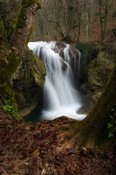 Waterfall Winter Vaioaga lizenzfreie Stockfotos