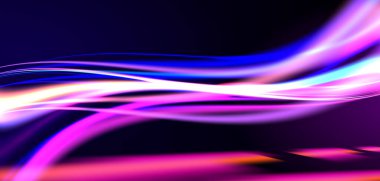 Dynamic light motion, light trail, high speed effect, traffic motion. light motion effect, slow shutter of traffic, neon streaks, retro synthwave style, vector illustration