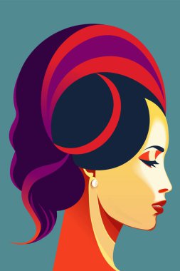 Female portrait in profile, 1960s, 1970s, 1980s poster style, retro, futuristic, strong healthy hair, beauty salon advertising