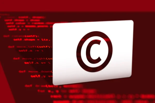 Copyright protection of programming code, concept illustration. White copyright symbol standing on screen with program text. Red color tints.