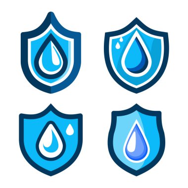 Su kalkanına ikon düşürür. Su damlacıkları koruma ikonu koleksiyonu. Yağmur damlaları tabela ve düz stil. Uygulamalar ve web siteleri için kalkan sembolünde mavi su veya yağ, vektör illüstrasyonu
