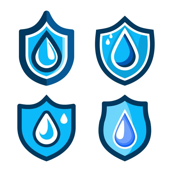 Su kalkanına ikon düşürür. Su damlacıkları koruma ikonu koleksiyonu. Yağmur damlaları tabela ve düz stil. Uygulamalar ve web siteleri için kalkan sembolünde mavi su veya yağ, vektör illüstrasyonu
