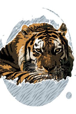 Kaplan çimlerin üzerinde yatar ve ne yazık ki uzaklığa bakar, vektör çizimi.