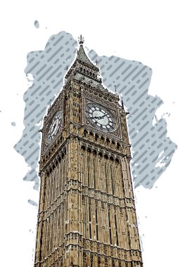 Big Ben kulesi robot resim çizimi. Eski gravür taklidi. Big Ben 'in el yazısı çizimi taklidi.