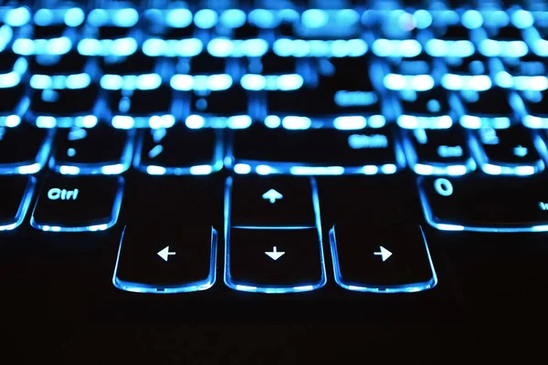 Notebook Keyboard Backlight Turned Night Blue Laptop Backlit Keyboard Cursor — Stock Photo, Image