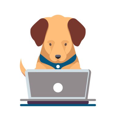 Dizüstü bilgisayarla çalışan sevimli köpek, düz tasarım tarzı, vektör illüstrasyonu