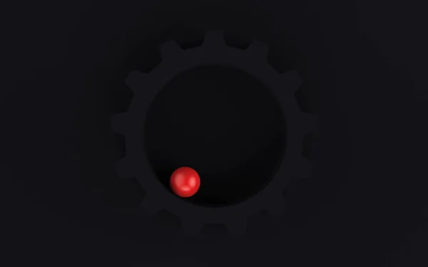 Abstract 3d shapes with bright red ball on dark gray background. A contrasting red dot in a dark maze. 3d rendering illustration