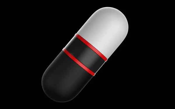 現代的なデザインの抽象的な未来的な丸薬 黒い背景にマクロショット 抗生物質 プロバイオティクス プリバイオティクス 共生性またはビタミン含有量 3Dレンダリングイラスト クローズアップビュー — ストック写真