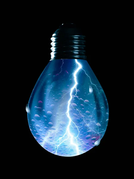 A drop of water in the shape of an electric incandescent lamp with lightning inside, abstract conceptual illustration isolated on black background