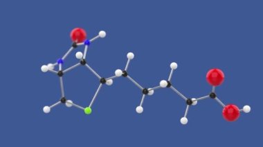 B7 vitamini 3 boyutlu molekül yapı döngüsü animasyonu, mavi arkaplanda dönüyor, 4k sonsuz döngü oluşturucu