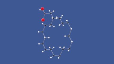 Eicosapentaenoic asit, Omega 3 EPA, 3D molekül yapı döngüsü animasyonu, mavi arkaplanda dönüyor, 4k sonsuz döngü çizici