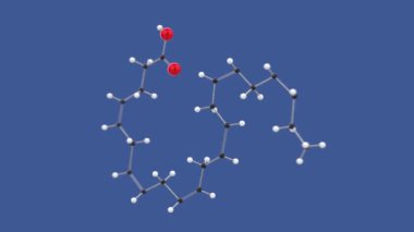 Docosahexaenoic asit, Omega 3 DHA, 3D molekül yapı döngüsü animasyonu, mavi arkaplanda dönüyor, 4k sonsuz döngü oluşturucu