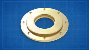 Montaj delikli pirinç disk, plan çizim kağıdının arka planında döner, 4k dikişsiz döngü animasyonu, 3d resimleme