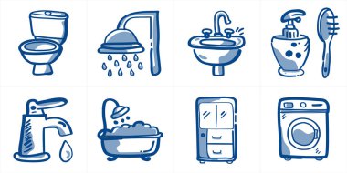 Tuvalet, lavabo ve çamaşır makinesi, el çizimi karalama, mavi mürekkeple boyanmış vektör çizimi de dahil olmak üzere banyo ve çamaşır ikonlarından oluşan bir koleksiyon keşfedin.
