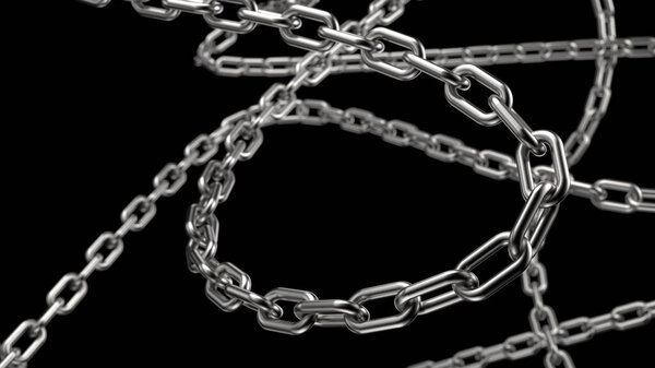 Shiny metal chains intertwining on a dark background, creating a visual representation of strength, connection, and industrial design