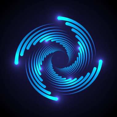 Koyu mavi arka planda soyut pervane bıçakları. Spiral sektörler girdap şeklinde logo oluşturur geometrik şekil, renkli çember canlı gradyan, dairesel desen. Yel değirmeni veya soğutma sistemi simgesi