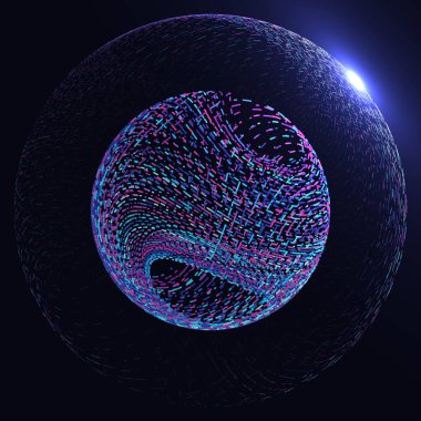 Renkli soyut kesik küre, parlak neon çizgilere sahip, karanlık bir arkaplana karşı geleceksel ve teknolojik kavramları çağrıştırıyor. HUD Arayüz ögesi, vektör illüstrasyonu