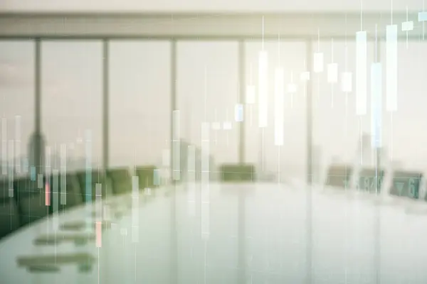 現代の会議室の背景に抽象的な創造的な財務チャートのホログラムの二重暴露 研究と戦略の概念 — ストック写真