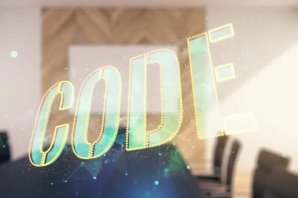 Code Woord Hologram Een Moderne Vergaderzaal Achtergrond Kunstmatige Intelligentie Neurale — Stockfoto