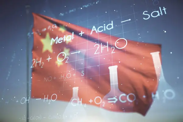 Абстрактна Ілюстрація Віртуальної Хімії Китайському Прапорі Фоні Блакитного Неба Наука — стокове фото