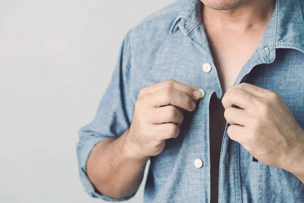 Wrong First Button Rest Shall Wrong Concept Man Buttoning Blue — Stock Photo, Image