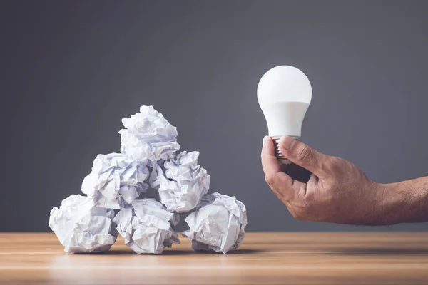 Finding New Inspiration Concept Light Bulb White Used Crumpled Paper — Stock Photo, Image