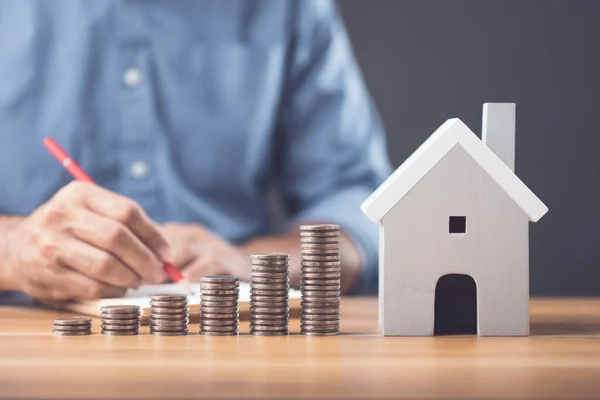 Money Saving House Financial Real Estate Concept Man Making Calculate Stock Photo