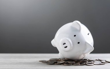 Beyaz domuz kumbarası ve ahşap bir masanın üzerinde bir yığın bozuk para gri bir arka plana karşı, metin için geniş bir kopya alanı ile. Görüntü birikimleri, finansal planlamayı ve sorumlu para yönetimini sembolize ediyor.