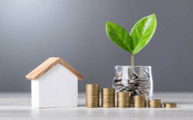 Bozuk paralarla dolu cam kavanoz ve ortada küçük bir fidan, en küçükten en büyüğe sıralanmış bozuk paralar ve bir masanın üzerinde ahşap bir ev modeli. Ev ve mali büyüme için tasarruf