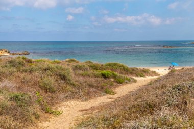 Dor Beach Ulusal Parkı, İsrail. 12 Eylül 2022 Dor Beach Ulusal Parkı. Sonbaharın başında. İnsanlar sonbaharın son sıcak günlerinin tadını çıkarıyor..