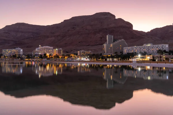 stock image Dead Sea, Israel January 19, 2023 The Dead Sea at Ein Bokek hotel area on the Israeli side of the Dead Sea at night with beautiful reflection