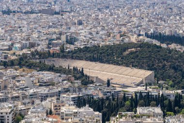 Atina, Yunanistan 27 Nisan 2023. Panathenaic Stadyumu ya da yerel olarak Kallimarmaro Stadyumu, Atina, Yunanistan 'da tamamen mermerden yapılmıştır..