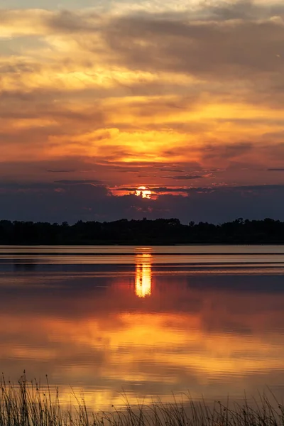 Orange summer sunset  with God\'s rays and trees in silhouette at North Turtle Lake in Minnesota, USA