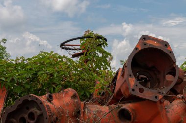 Minnesota, Birleşik Devletler 'in kırsal kesimlerindeki metal parçalarının içinde ve çevresinde otlar büyüyen makine parçaları mezarlığı..