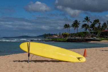 Koloa, Kauai, Hawaii, ABD 'deki Poipu Plajı' nda sarı sörf tahtası..