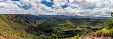 Waimea Nehri 'nin panoramik manzarası ve Amerika Birleşik Devletleri' nin Hawaii eyaletinin Kauai adasındaki yemyeşil vadi.. 