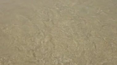 Kumsal, kum, dalgalar ve ayak izleri. 4K Yüksek çözünürlüklü video. 6 metre yüksekliğinde dalgalar. Ağır çekim. Sahilin kenarında sakin dalgalar ve dalgalar 6 metre yüksekliğinde dalgalar. Temiz plaj ve temiz su. Yüksek çözünürlüklü video, 4K. Yavaş çekim 2x