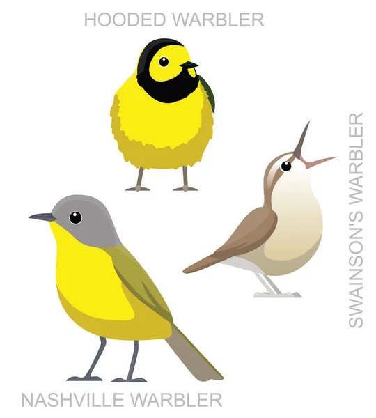 Χαριτωμένο Πουλί Κουκούλα Warbler Set Cartoon Vector — Διανυσματικό Αρχείο