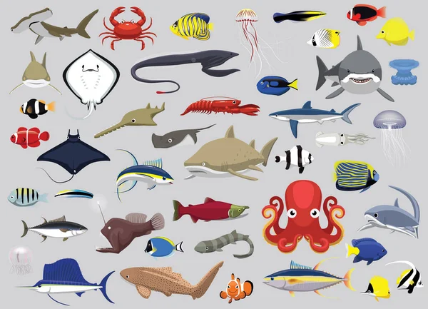 Animal Fishes Sea Creatures Characters Cartoon Vector — Stockový vektor