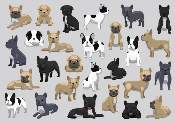 Ensemble Illustration Vectorielle Bande Dessinée Personnages Français Bulldog Chien Divers — Image vectorielle