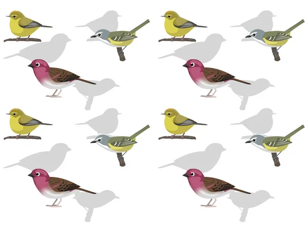 Vogel Vireo Finch Grasmücke Niedliche Cartoon Posen Nahtlose Hintergrundbilder — Stockvektor