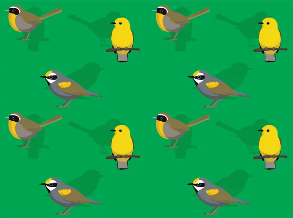 Bird Yellowthroat Prothonotary Warbler Leuke Tekenfilm Poses Naadloze Wallpaper Achtergrond — Stockvector
