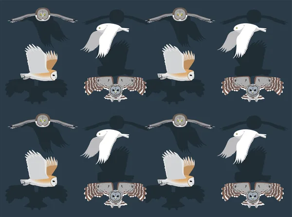 様々なフクロウ種空飛ぶかわいい漫画シームレス壁紙の背景 — ストックベクタ