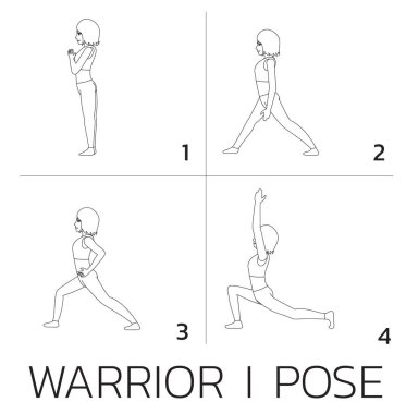 Savaşçı I Yoga Pozu Manga Özel Dersi Çizgi film Vektör İllüstrasyonu Siyah ve Beyaz Renkli
