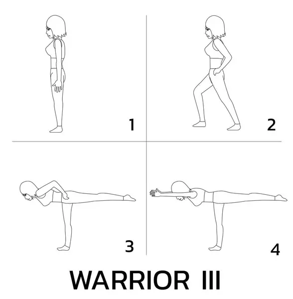 Warrior Iii Yoga Manga Tutorial How Cartoon Vector Illustration Black — Stock Vector