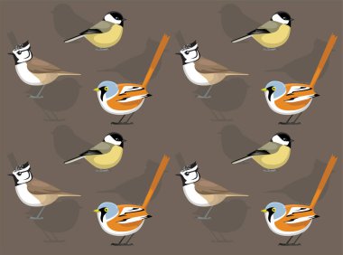 Bird Willow Tit Crested Beared Reedling Cartoon Cute Seamless Wallpaper Background