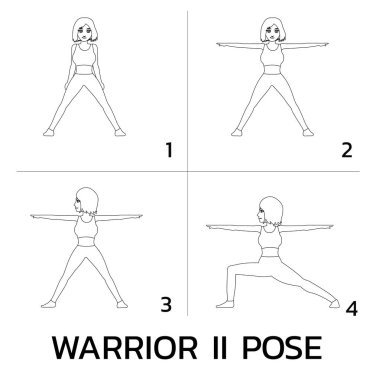 Savaşçı II Yoga Pozu Manga Özel Dersi Çizgi Film Vektör Çizimi Siyah ve Beyaz